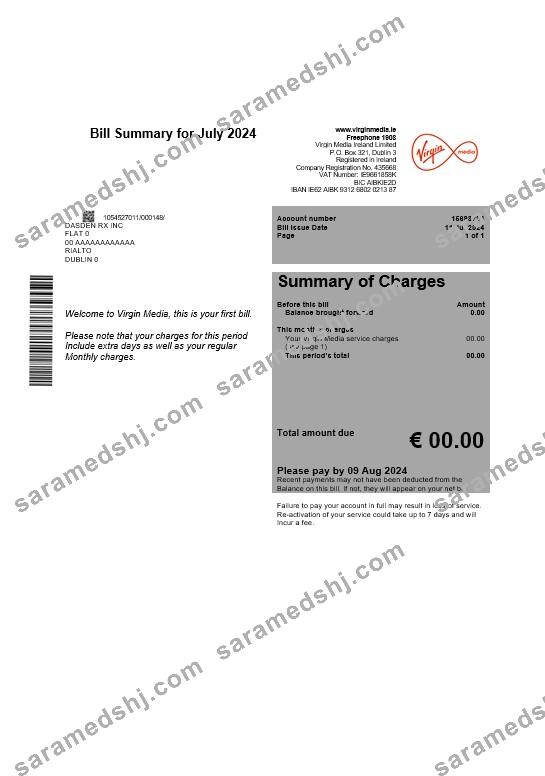 Ireland Virgin Media business utility bill template editable in Word and PDF, version 1